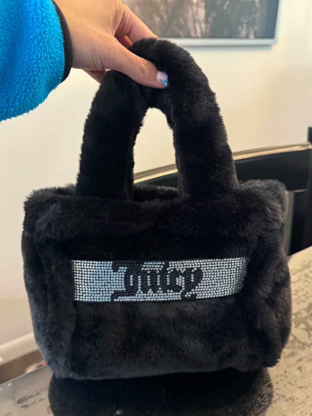 Juicy Couture Black Faux Fur Tote Bag with Rhinestone Logo Strap
